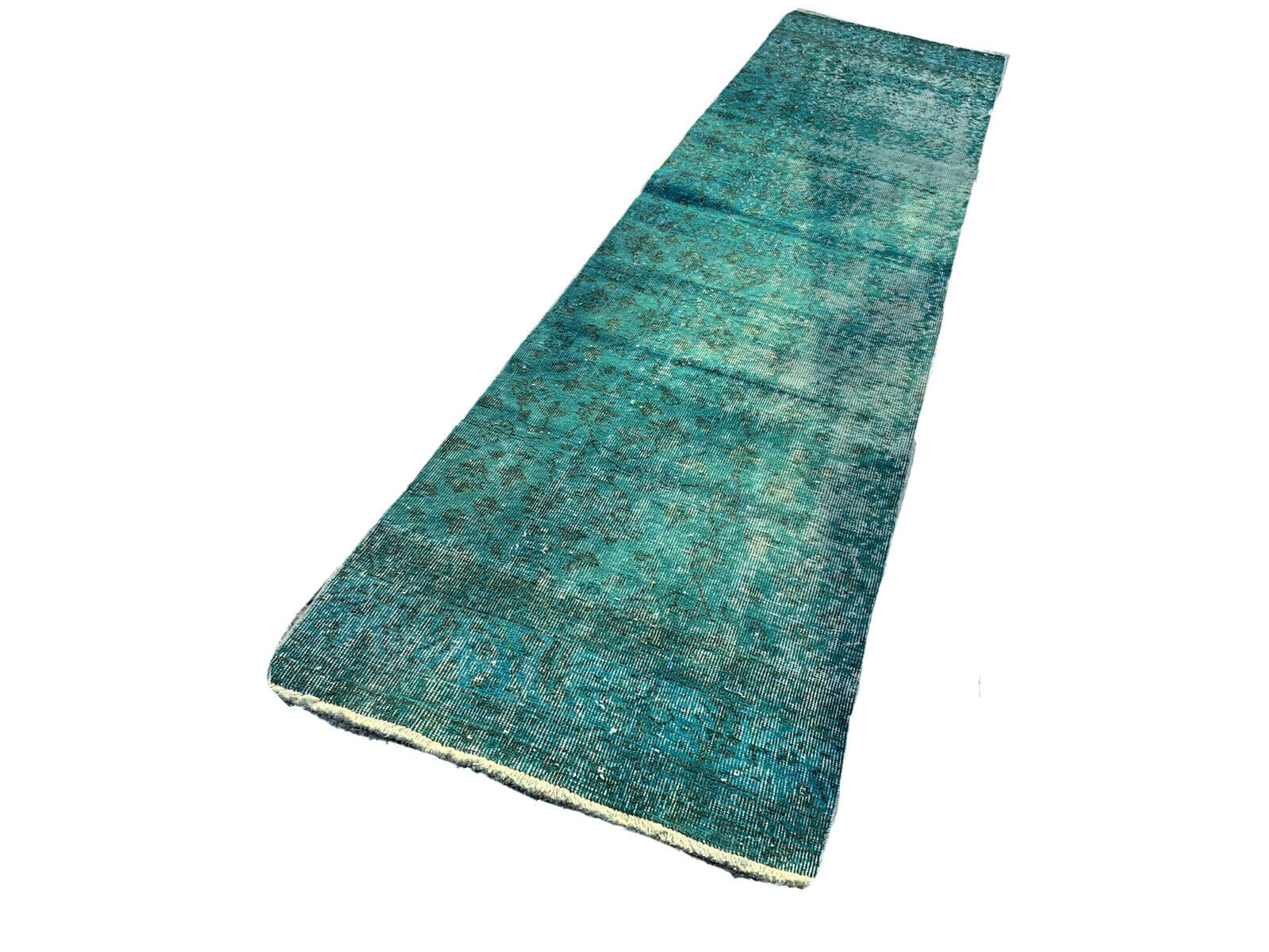 Distressed Turkish Narrow Runner 304 x 76 cm Wool Vintage rug, Overdyed Turquoise