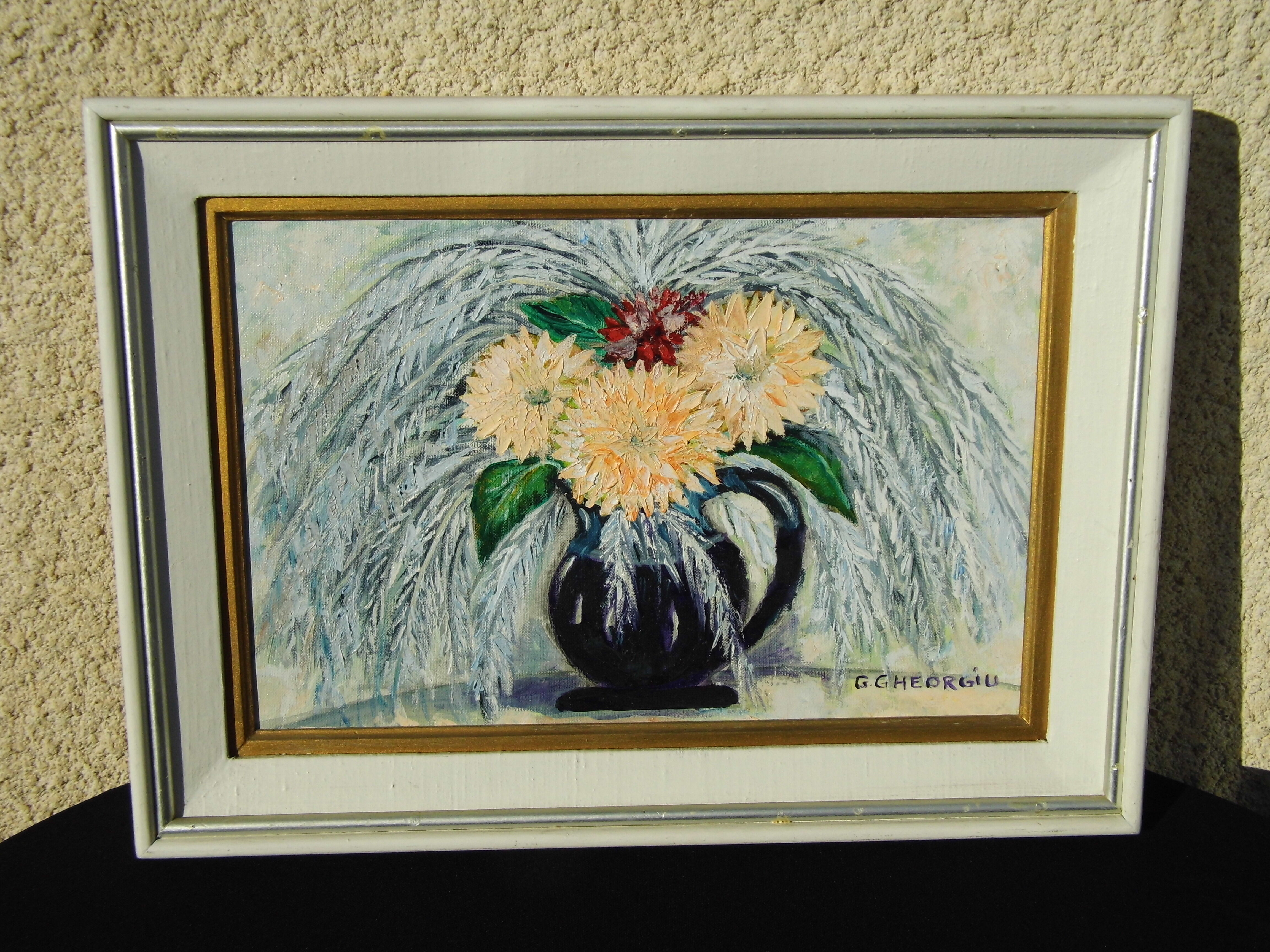 Ancient painting oil on canvas sign g. gheorgiu vase of flowers peony tbe