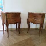 Pair of 2 Louis XV bedside tables - marquetry - 2 drawers - pink marble