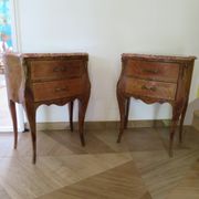 Paire de 2 chevets-louis xv-marqueterie-2 tiroirs-marbre rose