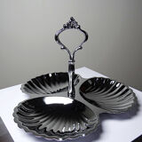 Vintage three-bowl server in silver-plated metal, shell decoration 1970-80.