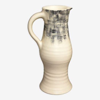 Vintage off-white ceramic carafe pitcher with black abstract decoration