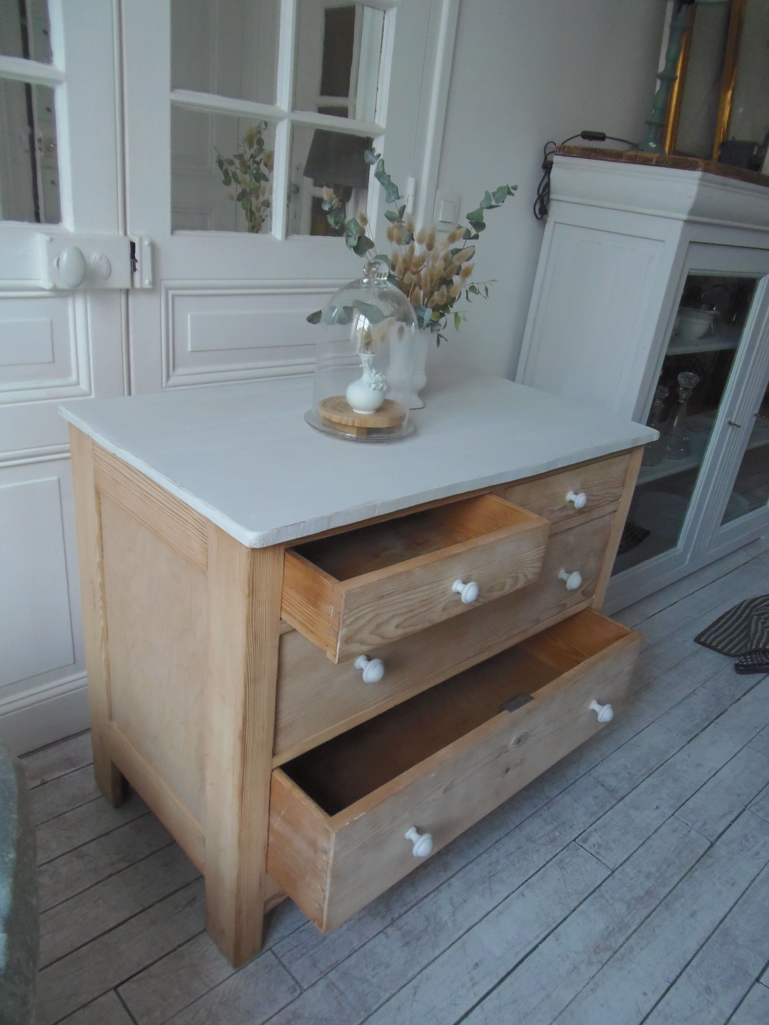 Vintage raw pitchpin chest of drawers, pearl grey patinated drawer tray buttons