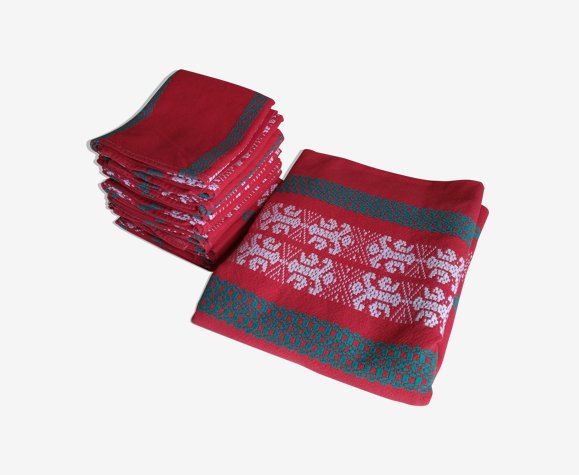 Nappe et 12 serviettes en coton rouge, artisanat basque | Selency