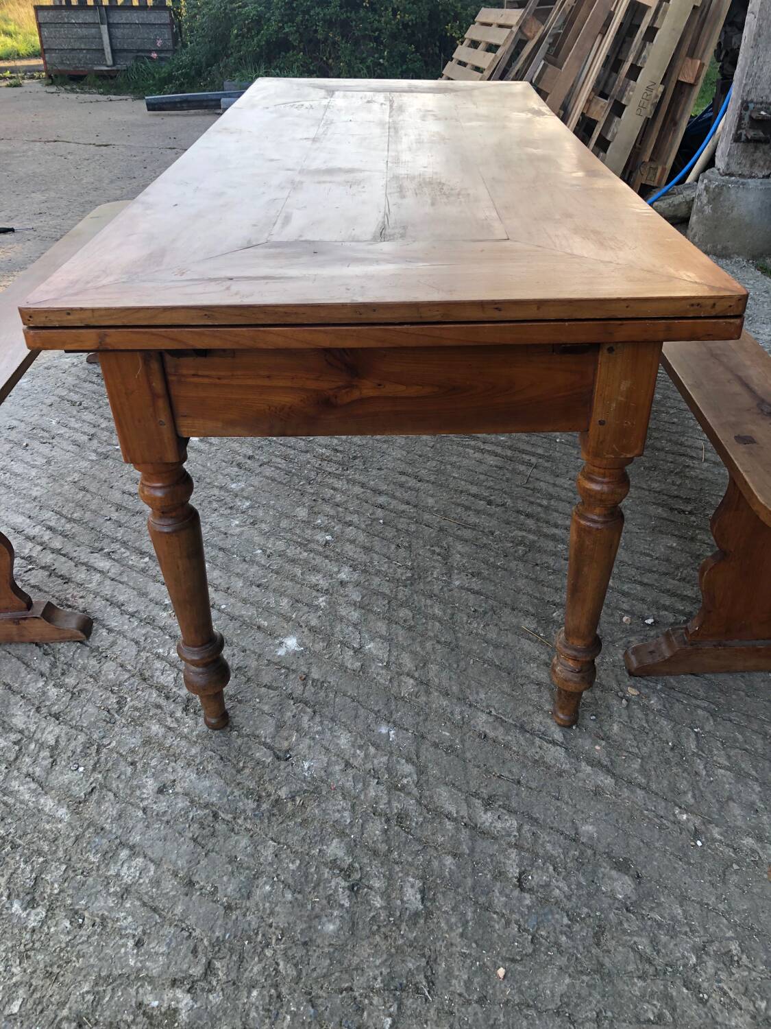 Antique farmhouse table in solid cherry wood with its 2 benches