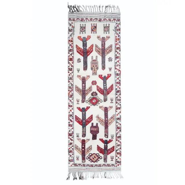 Vintage Turkish Oushak Handmade Wool Cotton White Runner Rug 111x343