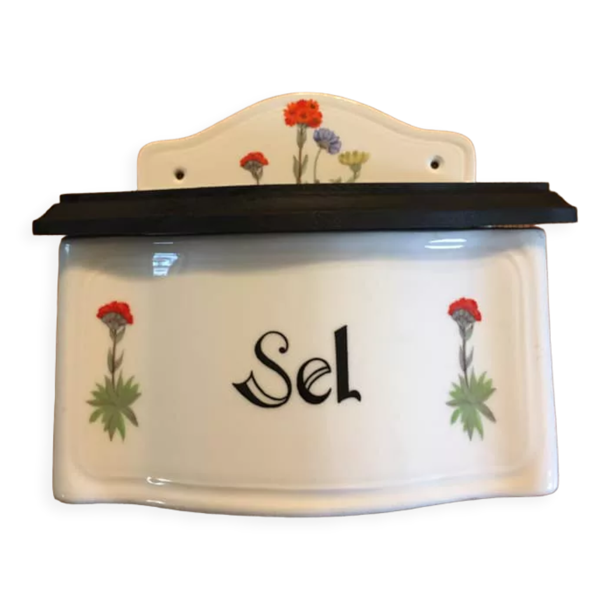 Pot à sel Berry Haute porcelaine Lourioux, France, aux motifs fleuris et couvercle en bois teinté