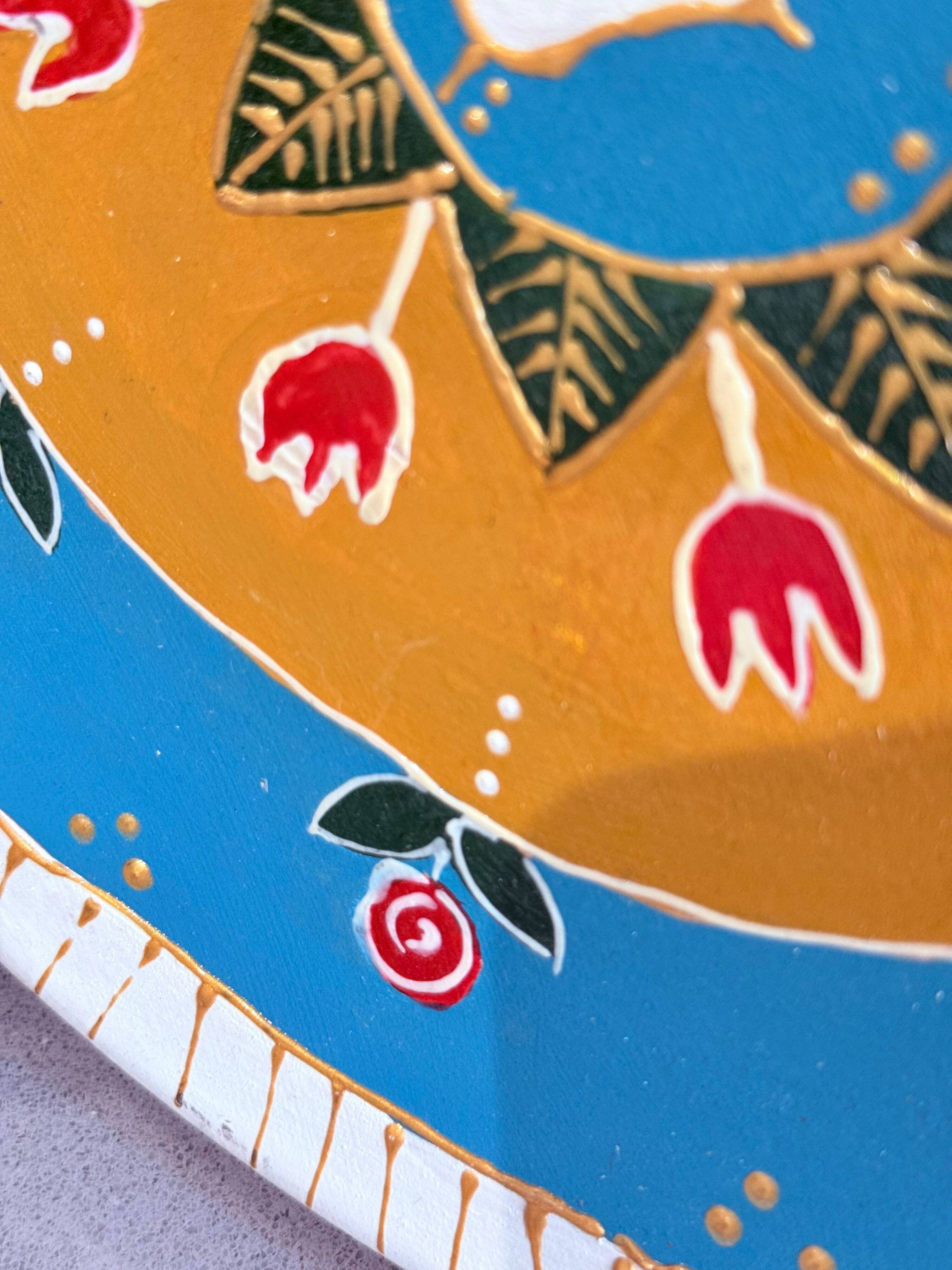 Hand-Painted Wall Decorative Ceramic Plate with Dove & Floral Folk Art Design