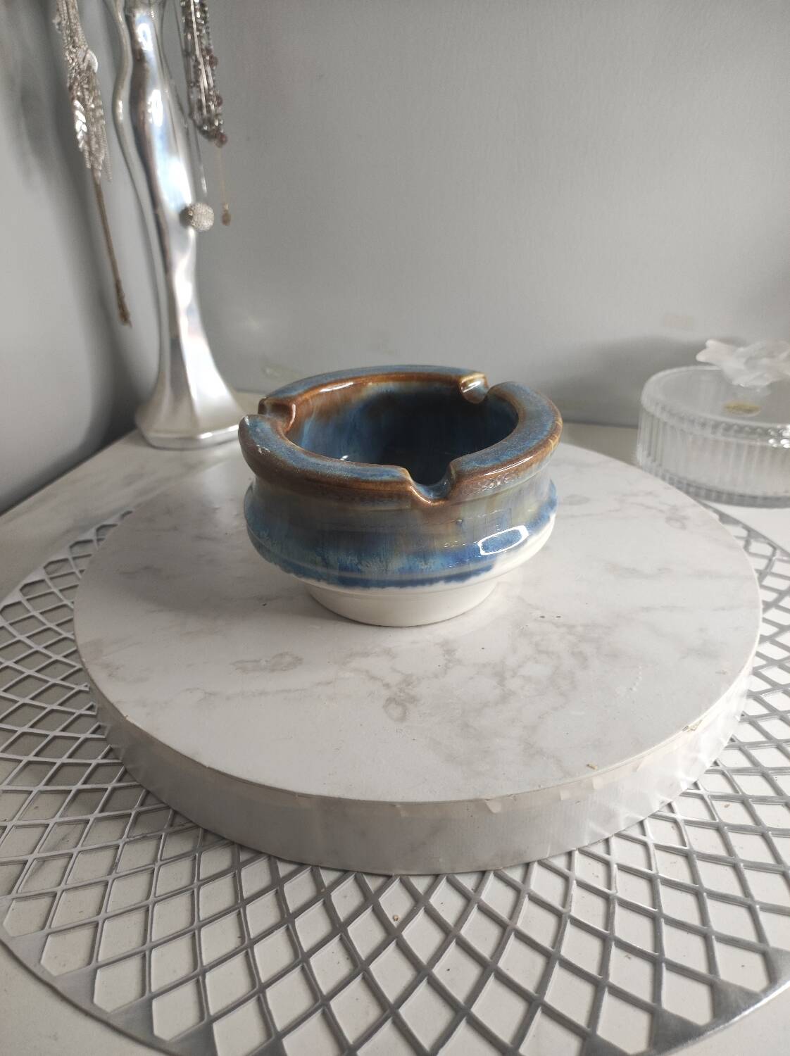 Blue glazed ceramic ashtray