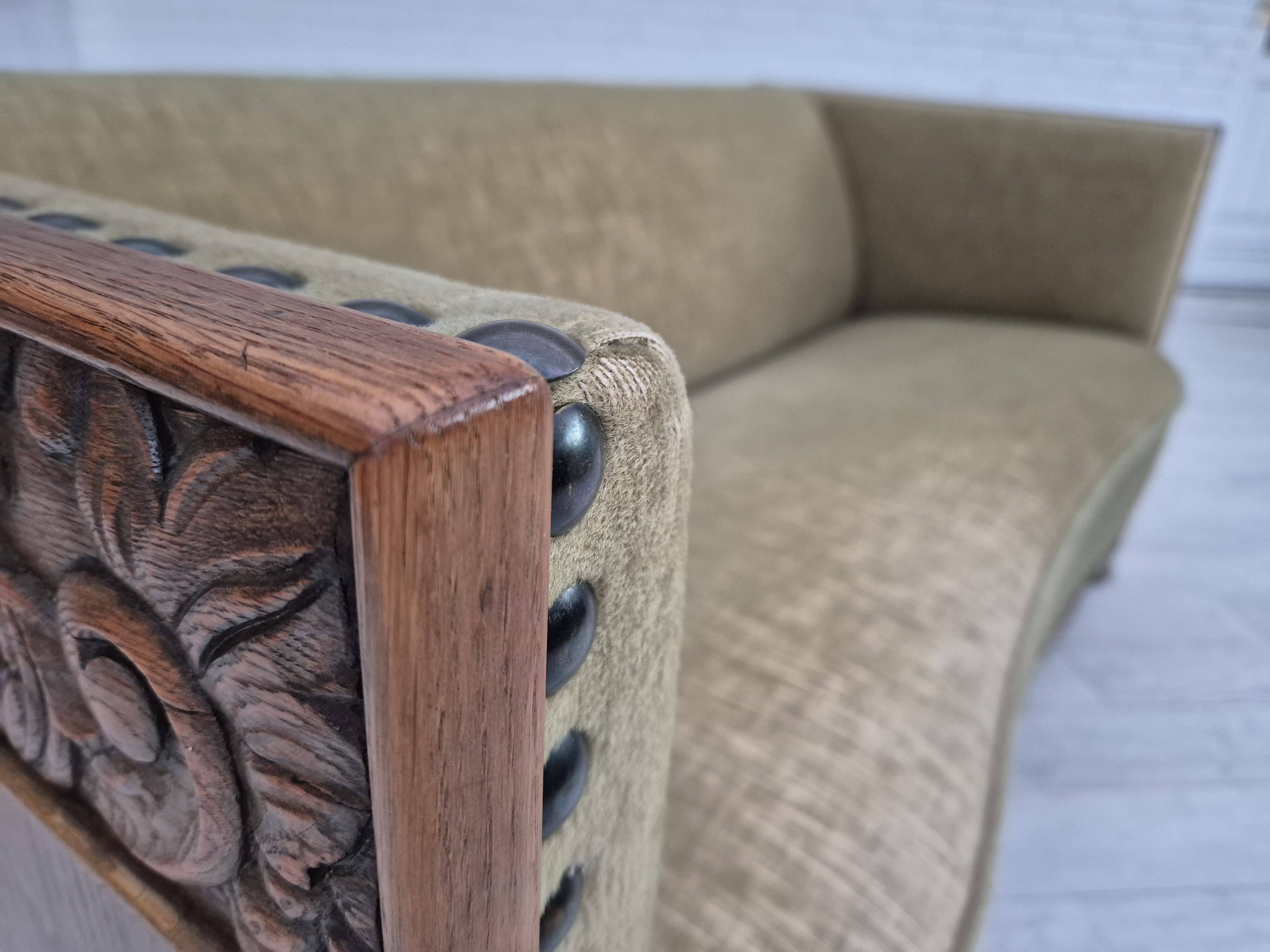 1950s, Danish curved sofa, furniture velour, oak wood.
