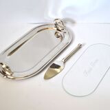 Vintage silver-plated foie gras platter with goose head decoration and serving spatula.