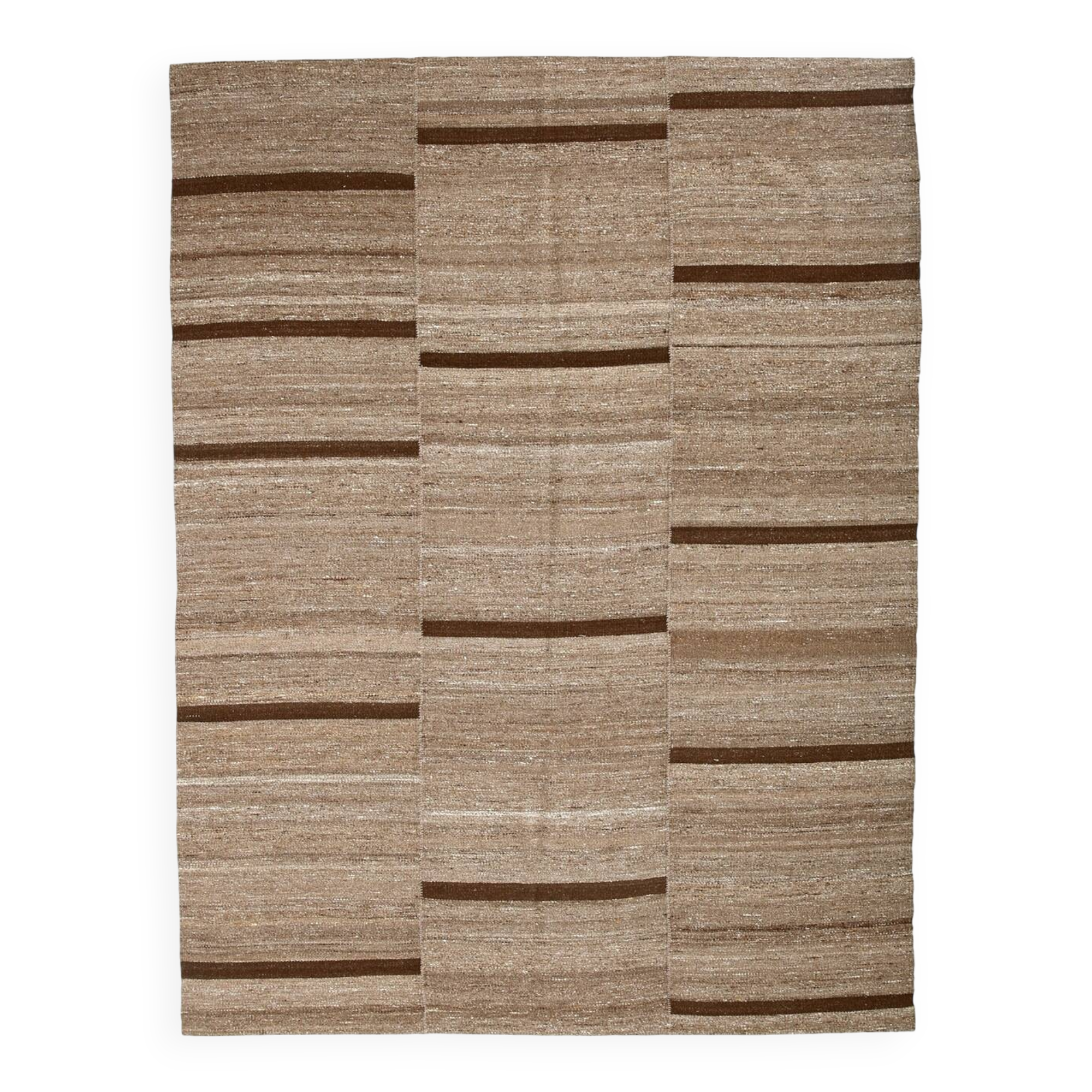 Dark Brown Striped Ethnic Kilim Rug, 224x297Cm