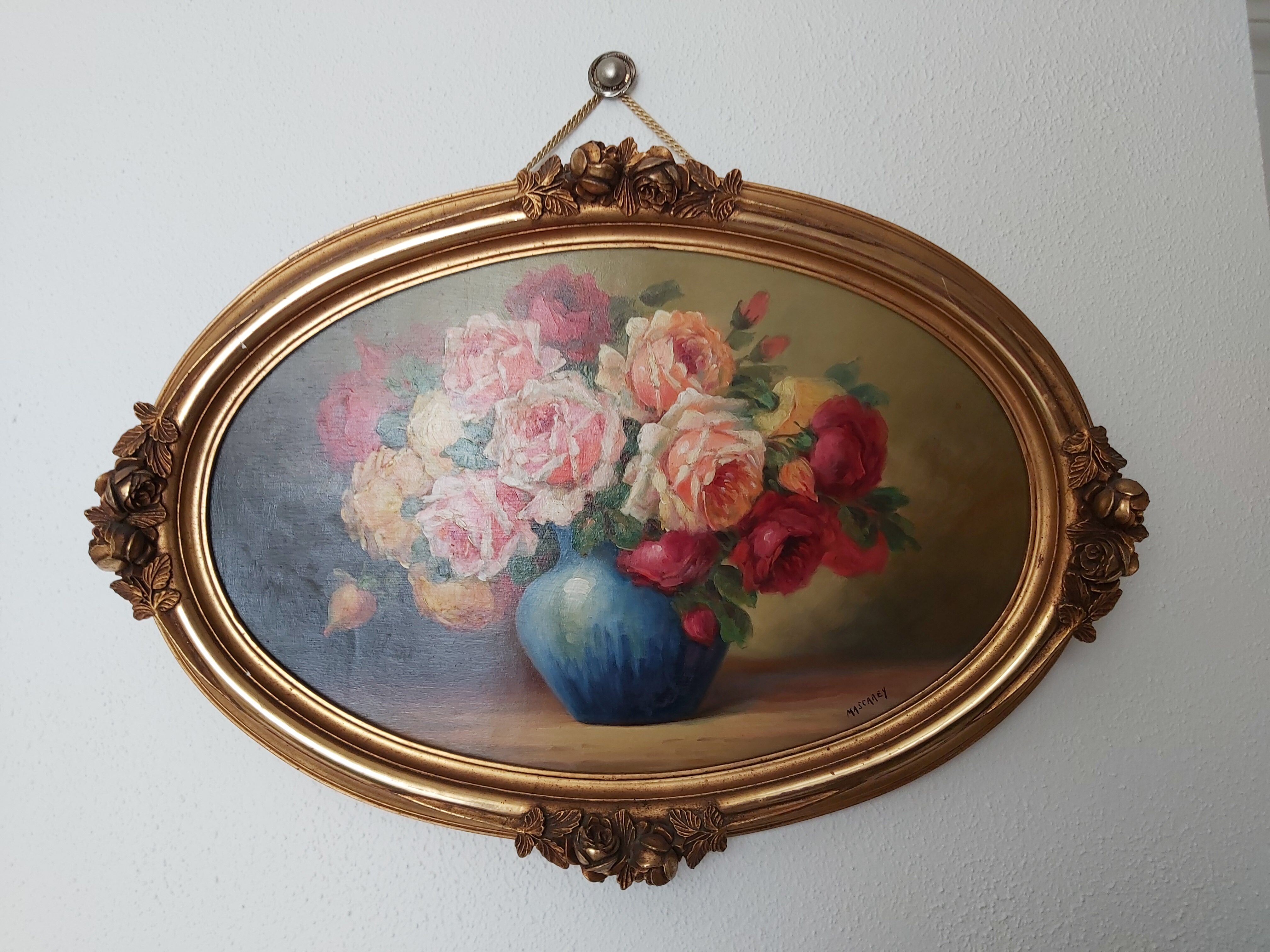 Oil on flower bouquet panel by Mascarey