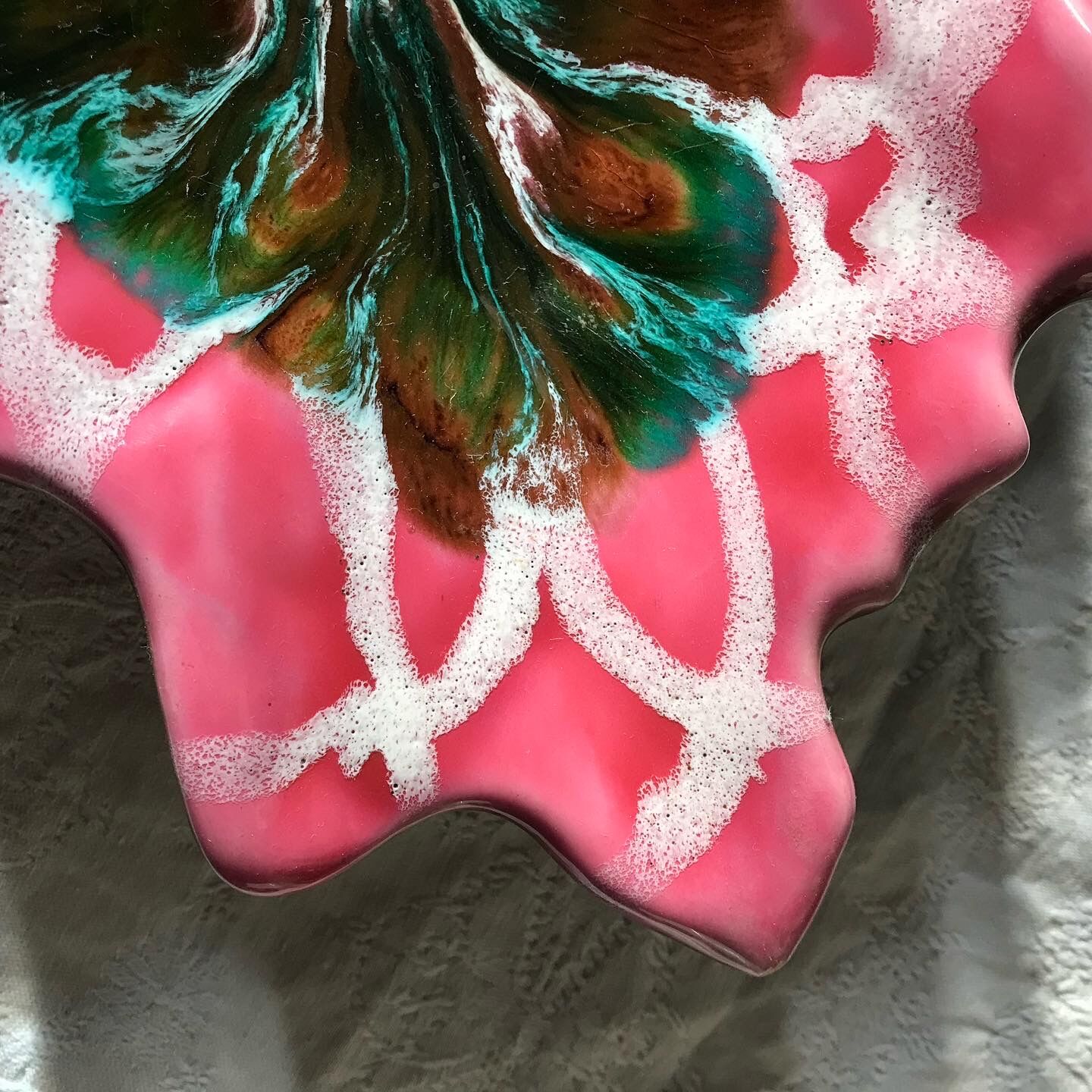 Vintage ceramic leaf dish Vallauris signed - pink and green