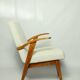 Fauteuil en bois et tissu bouclette beige clair restauré, design Puchala 1970