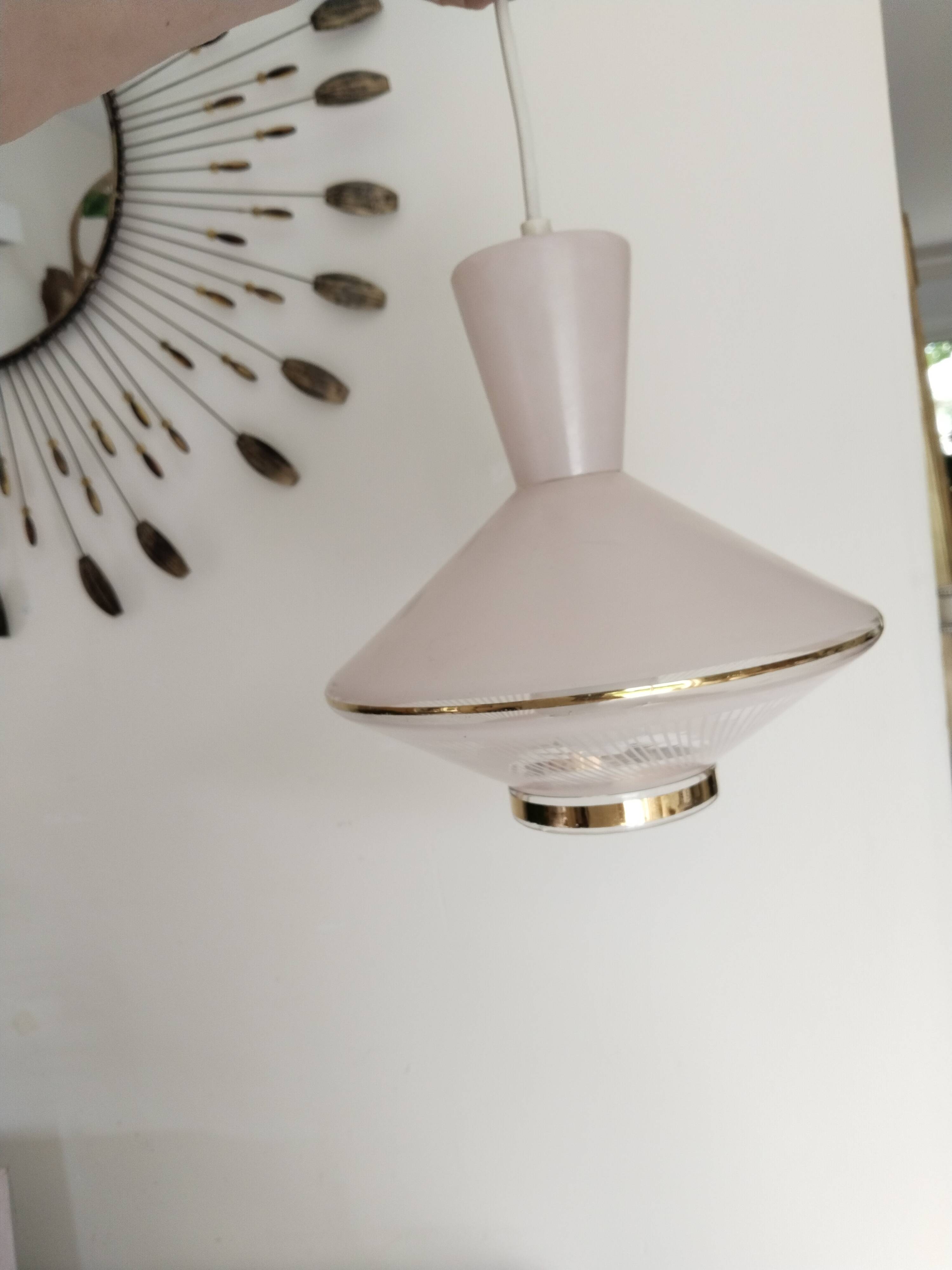 UFO suspension, vintage glass ceiling light, pink and gold