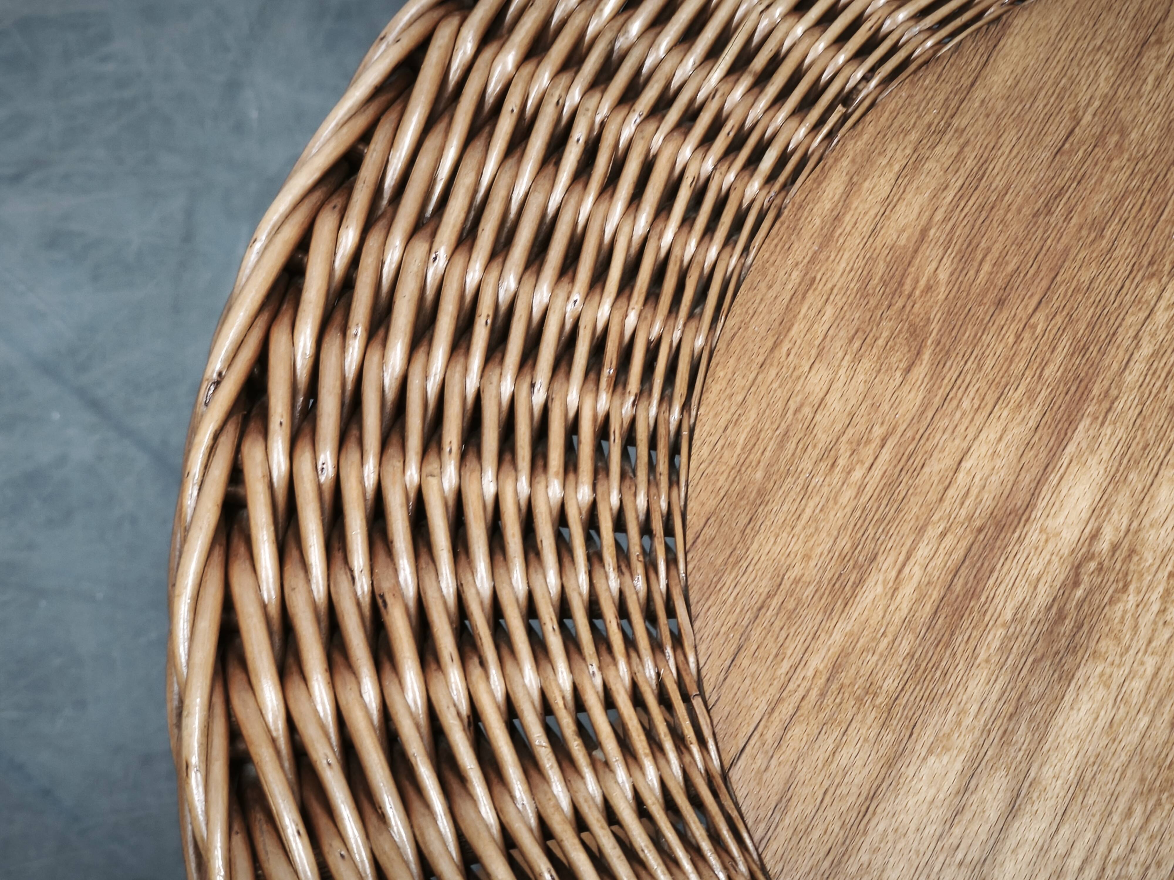 Jan Kalous Rattan and Beech Side Table, Czechoslovakia, 1970s
