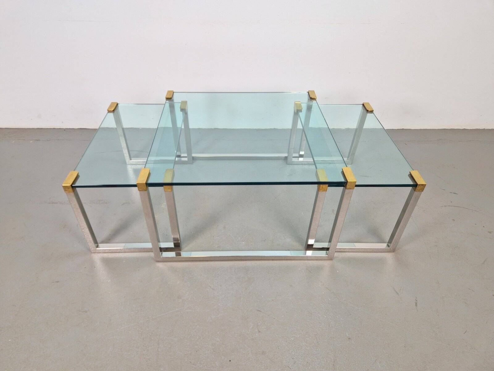 T53 Coffee and Side Tables in Brass and Glass by Peter Ghyczy, 1970s, Set of 3