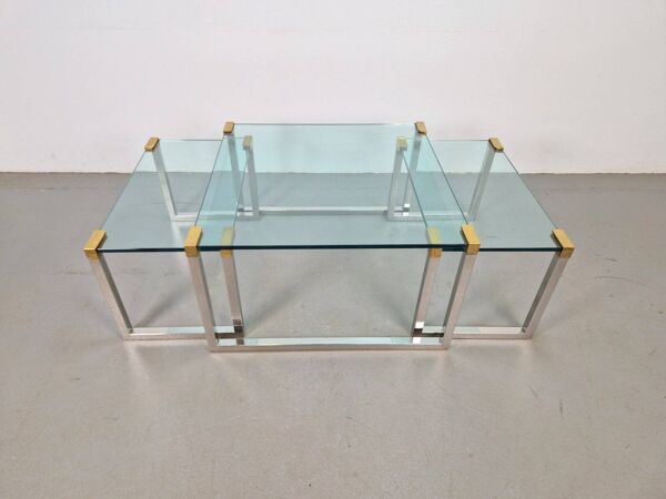 Tables de café et d'appoint T53 en laiton et verre par Peter Ghyczy, années 1970, ensemble de 3.