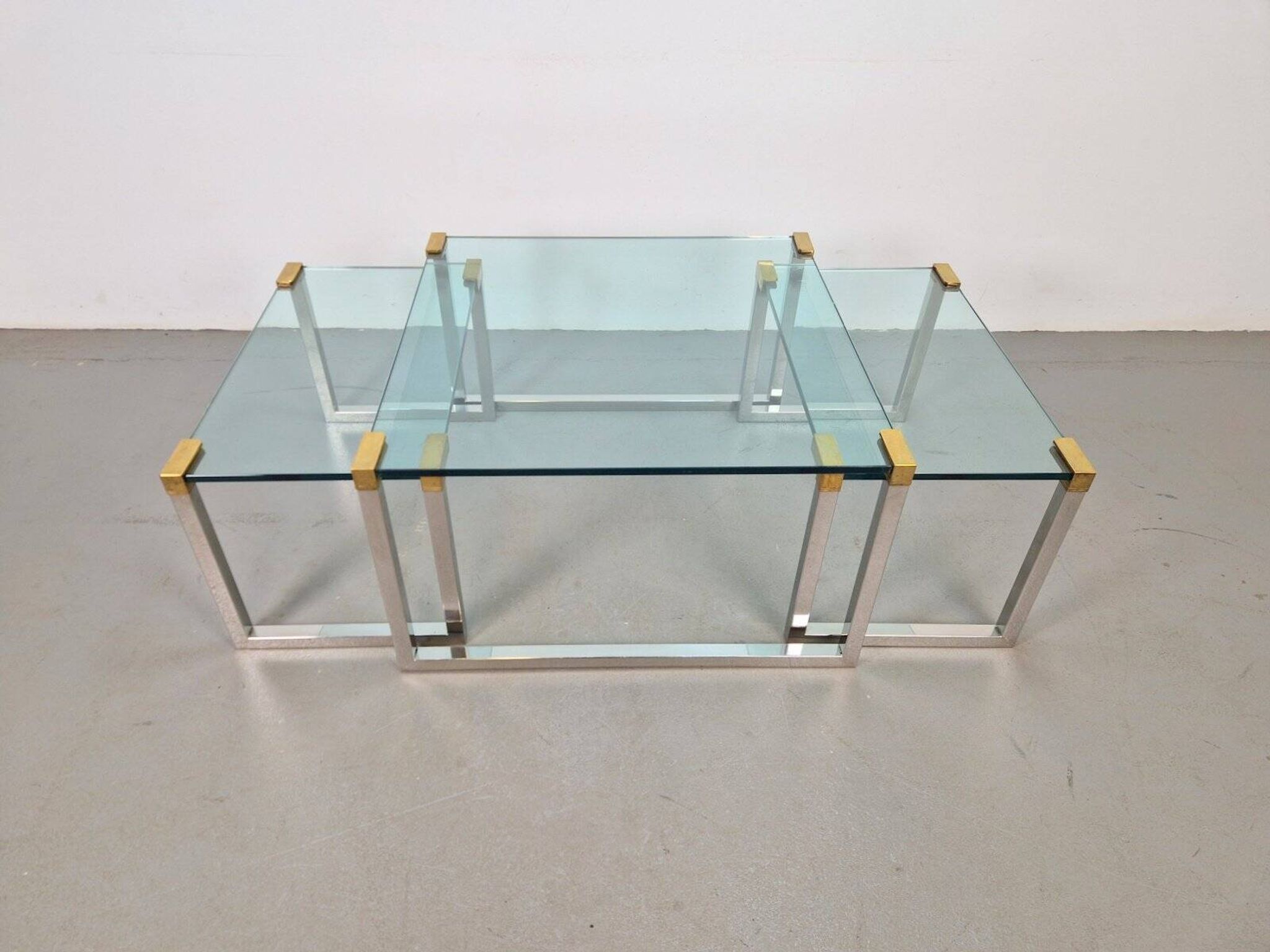 T53 Coffee and Side Tables in Brass and Glass by Peter Ghyczy, 1970s, Set of 3
