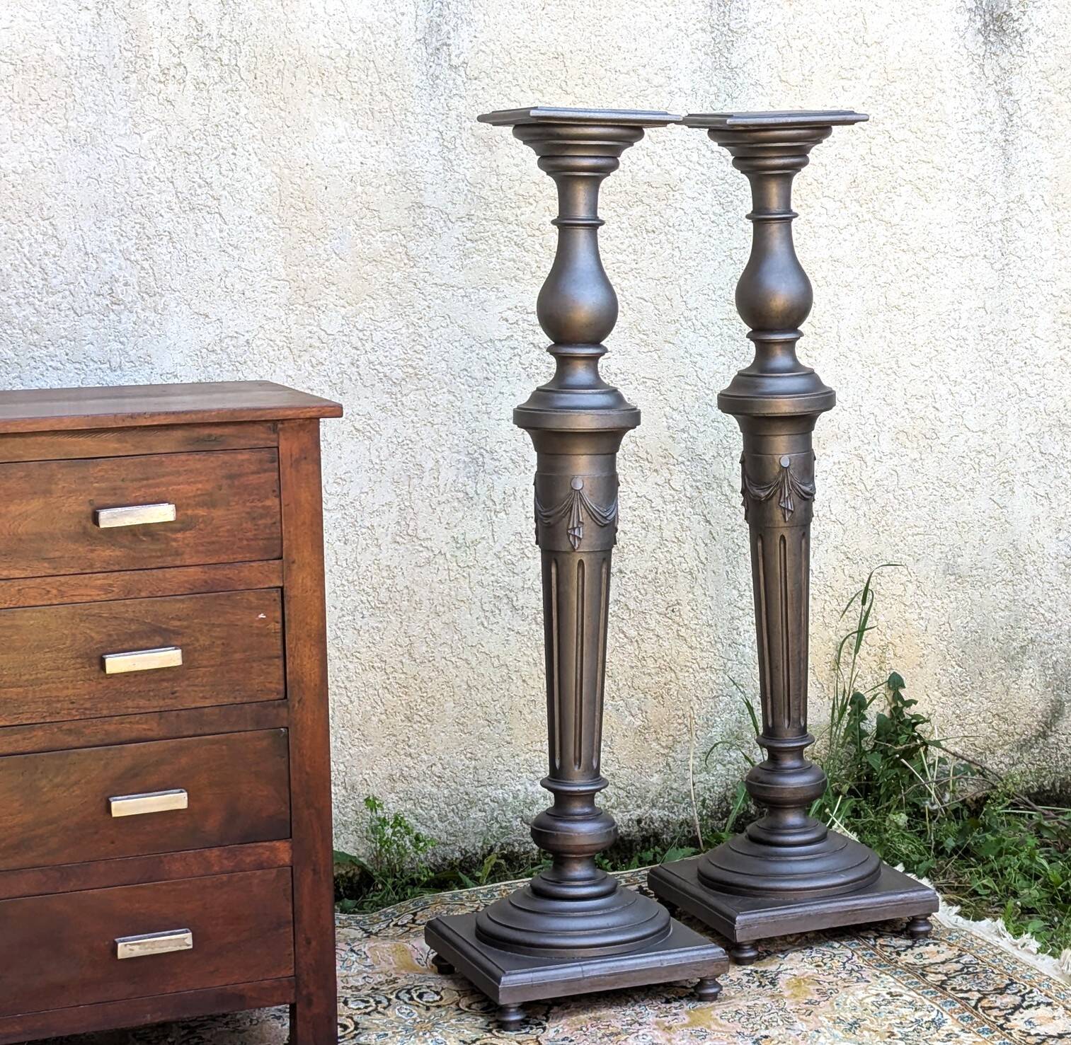 Pair of Grey Painted Wooden Pedestal Columns, Napoleon III Period