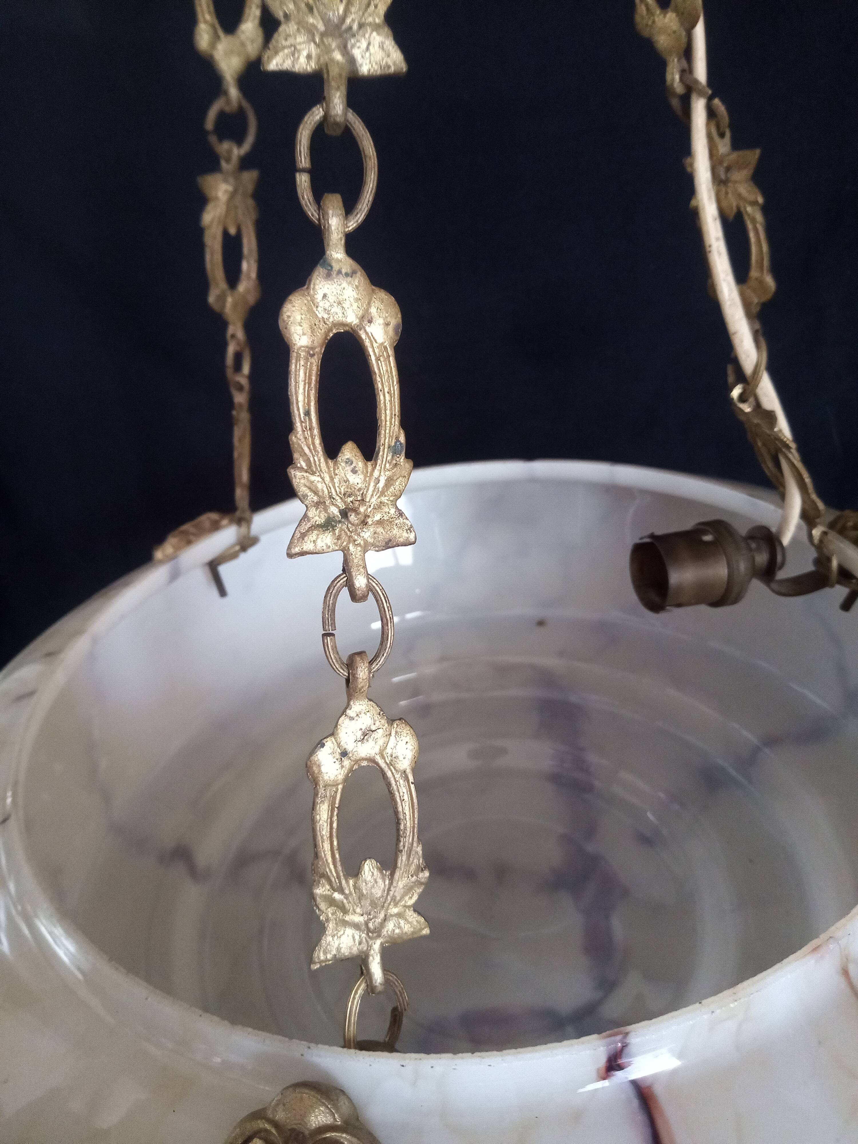 Art Deco brass and marbled glass chandelier, 1950s - 1960s