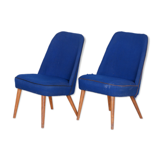 Set of 2 blue mid century armchairs, made in 1950