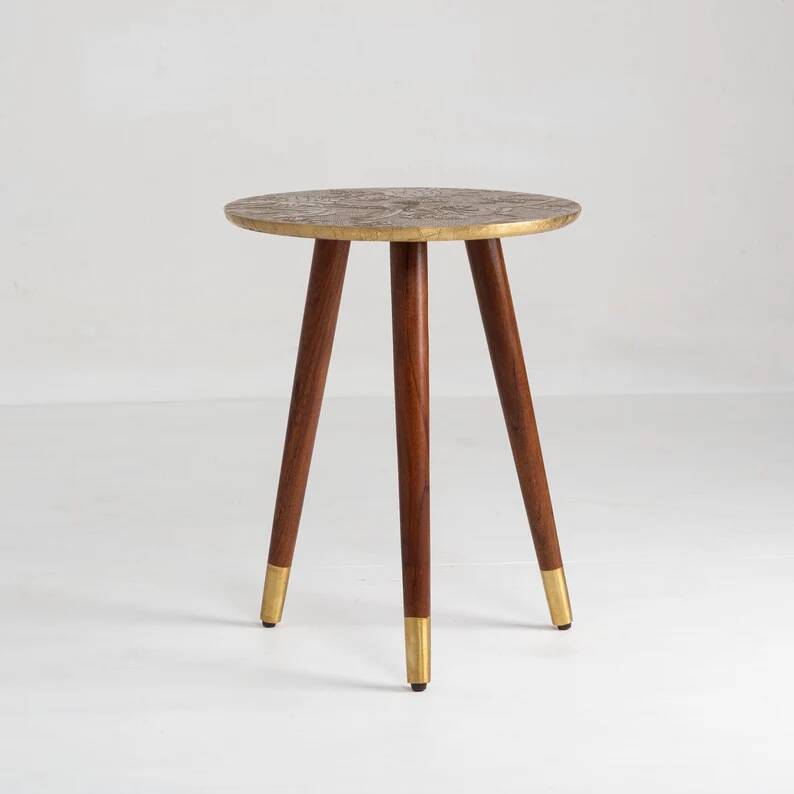 Side table with handcrafted embossed brass top: luxury bohemian side table.