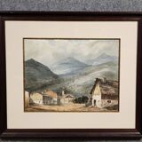 Charming late 19th-century watercolor depicting a peaceful mountain village
