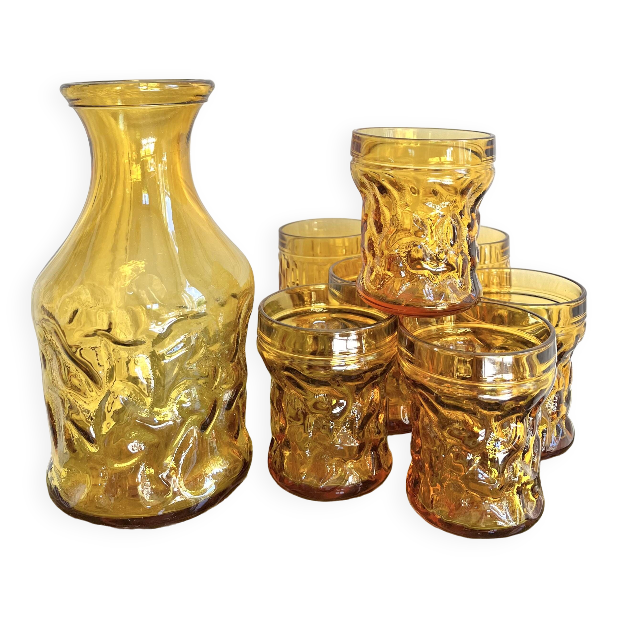 7 amber glasses and carafe Italy 70s