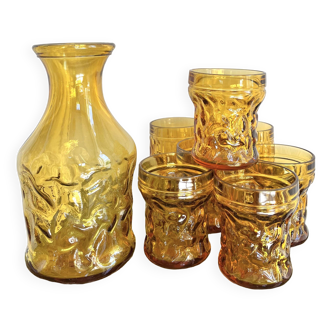 7 amber glasses and carafe Italy 70s