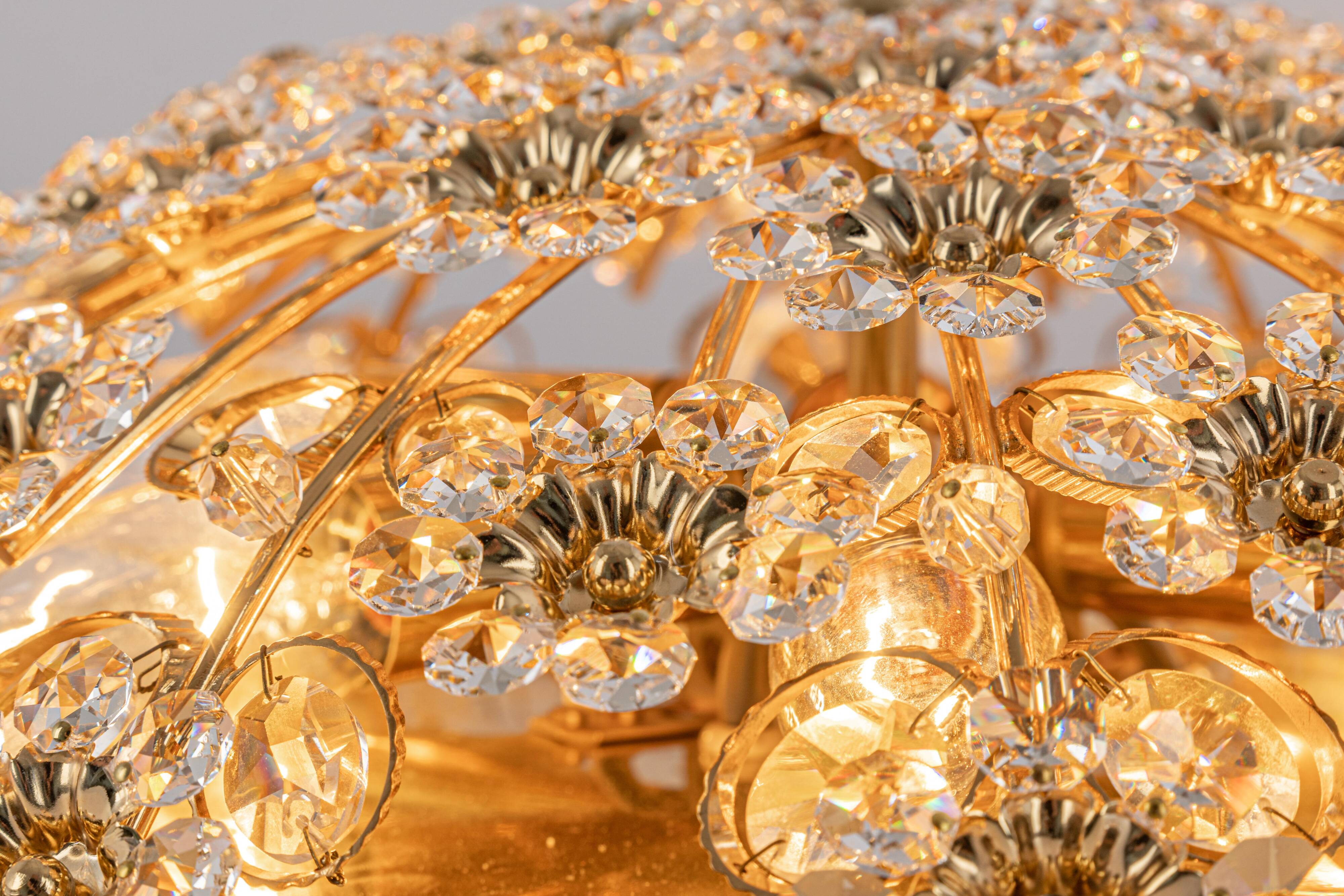 Brass ceiling light with cut glass flowers by Palwa, Germany, 1970s.