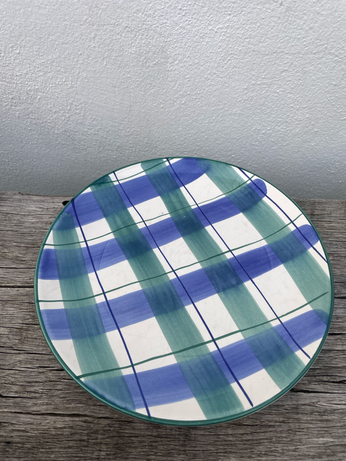 10 blue and green checked ceramic plates