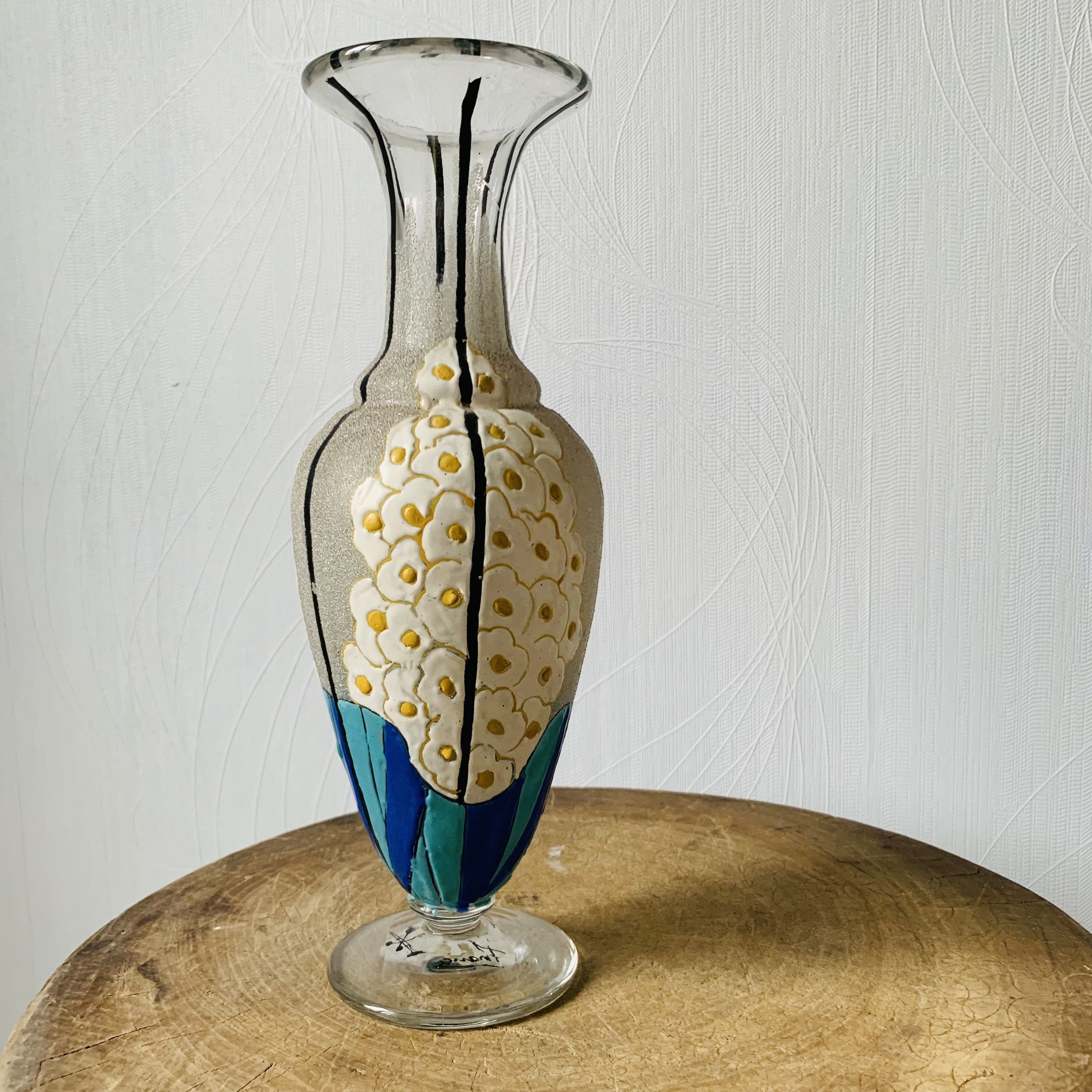 Glass and enamel vase with art deco flower decoration signed Mazoyer