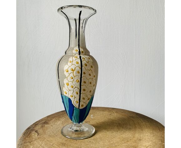Glass and enamel vase decorated with art-deco flowers signed mazoyer |  Selency