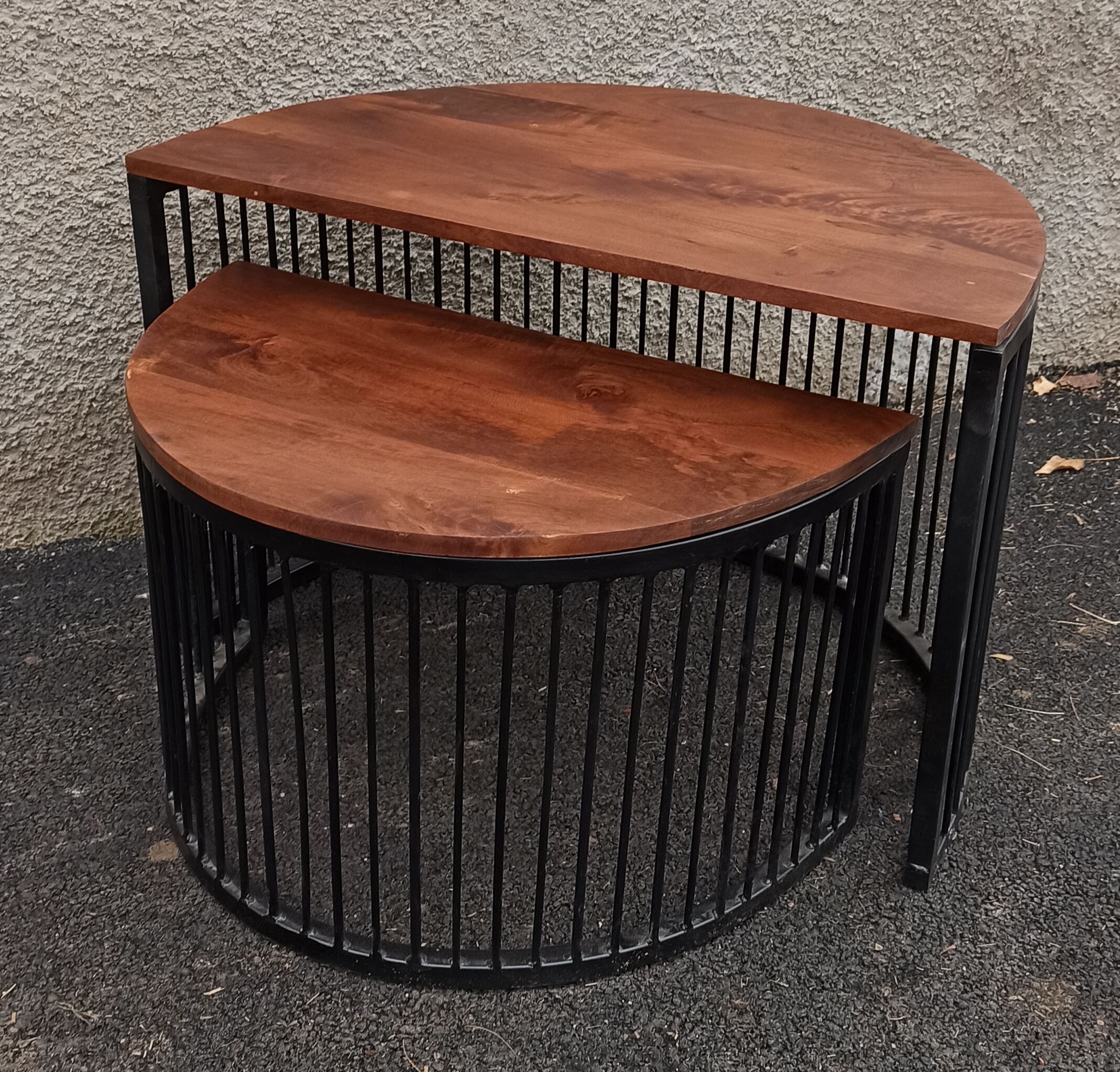 Half-circle wooden tables, metal feet