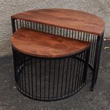 Half-circle wooden tables, metal feet