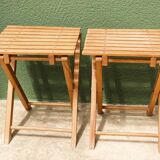 Pair of folding slatted wood stools