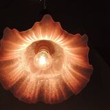 Vintage pink opaline glass pendant light – Art Deco tulip, brass and wood