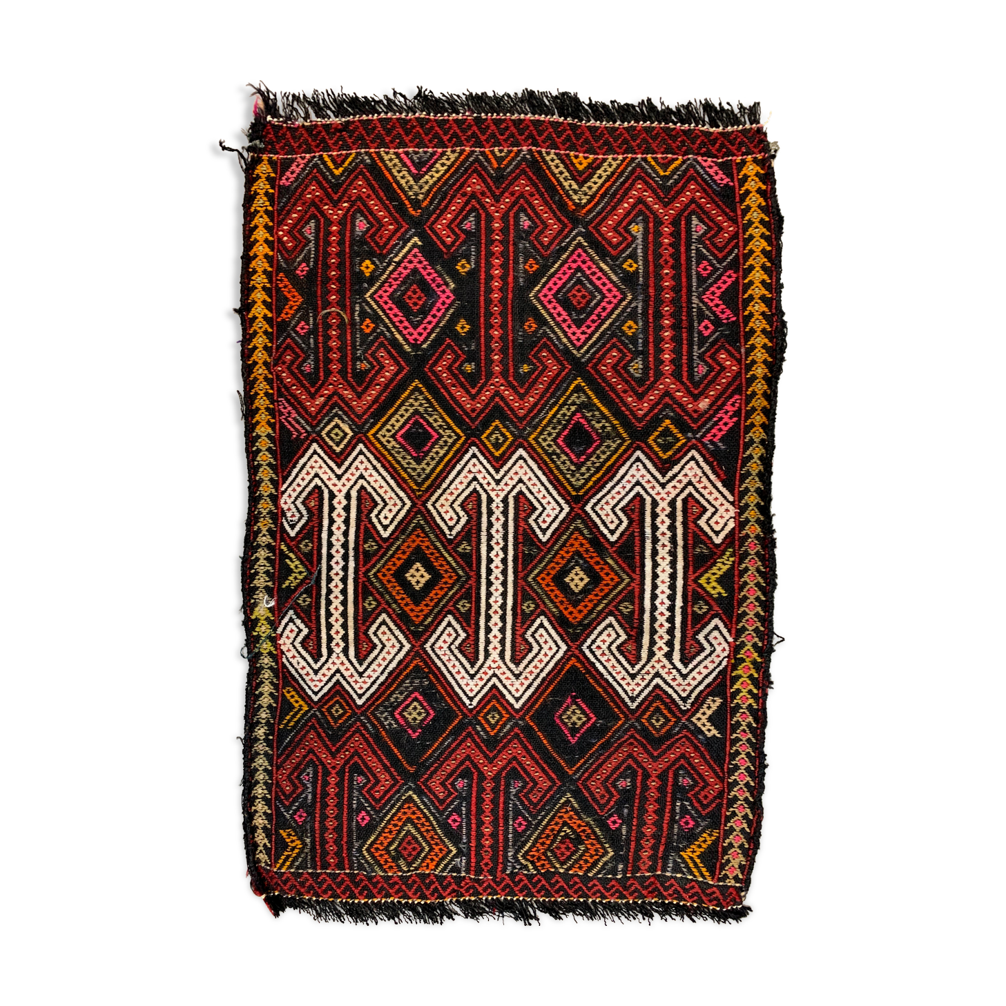 Vintage turkish mini kilim 76x50 cm shabby wool kelim rug black red green