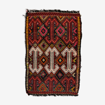 Vintage turkish mini kilim 76x50 cm shabby wool kelim rug black red green