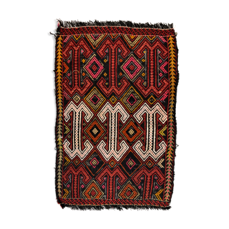 Vintage turkish mini kilim 76x50 cm shabby wool kelim rug black red green