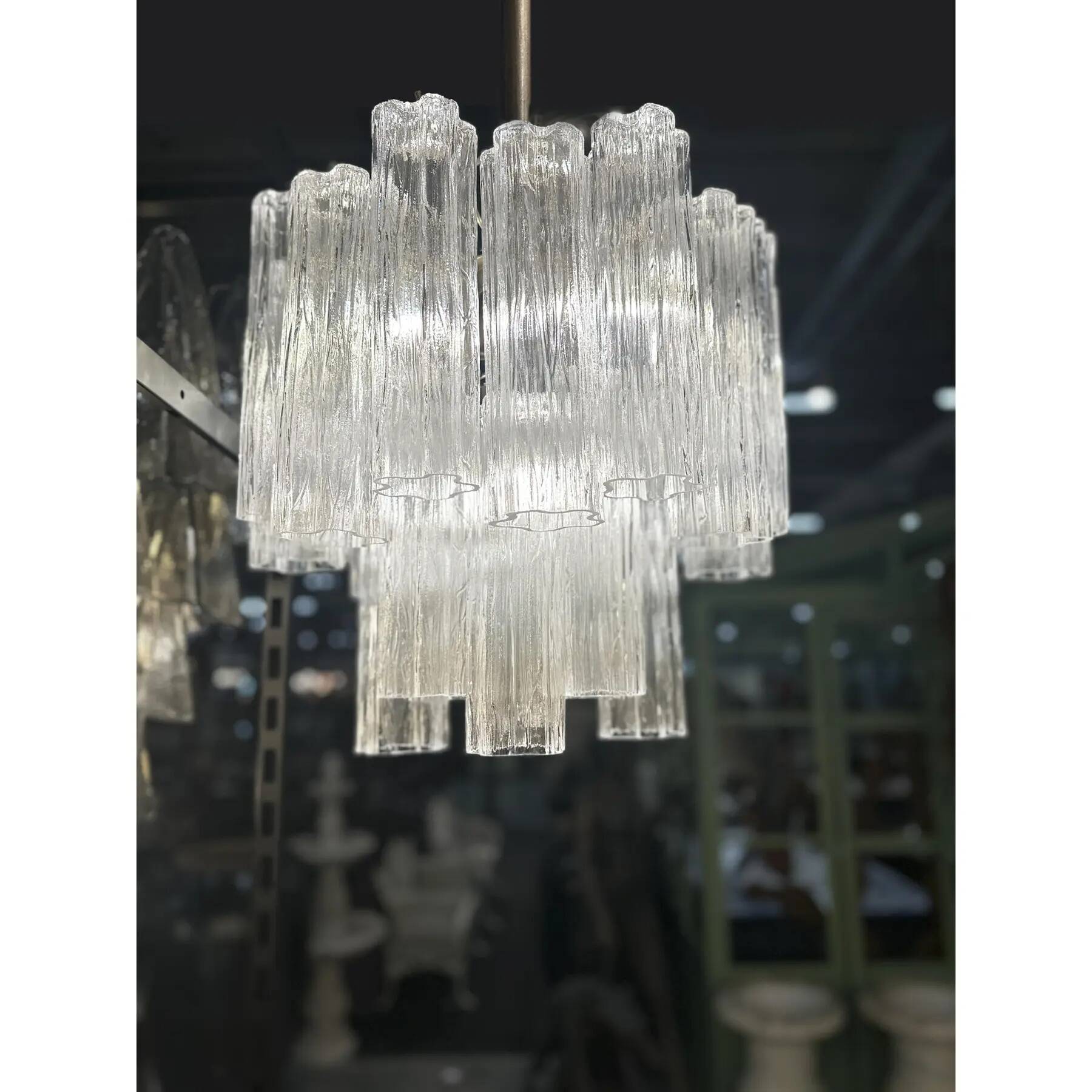Elegant Contemporary Murano Glass Tronchi Chandelier in Burnished Metal