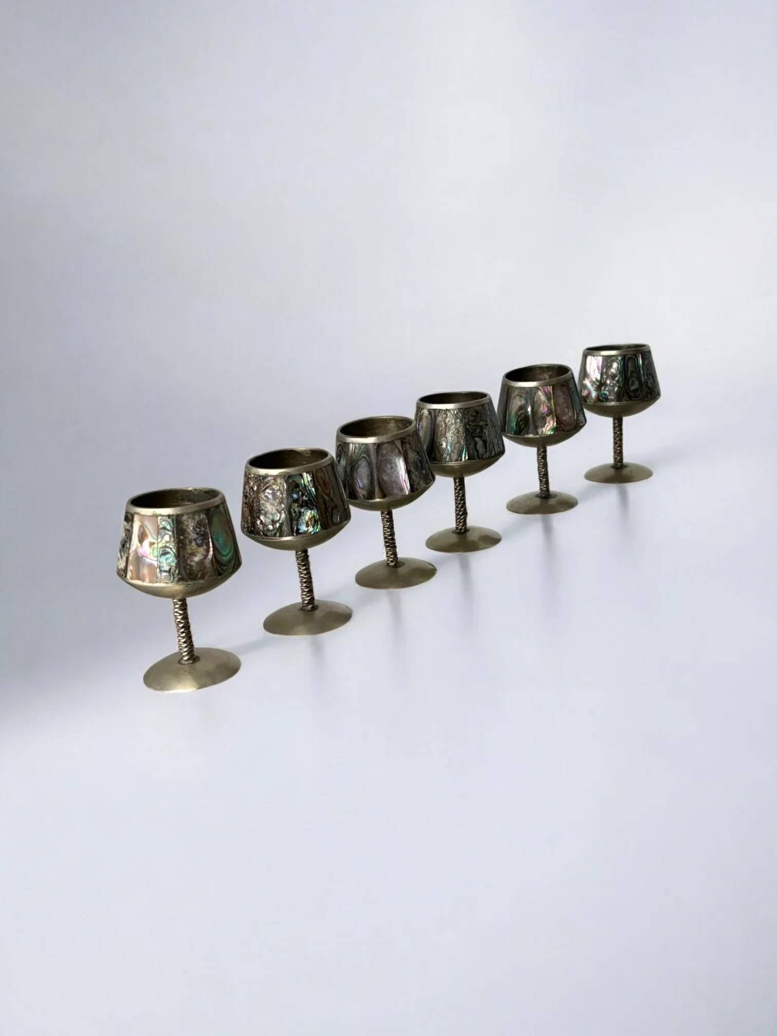Abalone shell & alpaca shot glasses, set of 6, Mexico, 1970