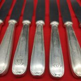 Set of 14 silver metal knives Christofle stainless steel blade model Touraine crown Vicomte