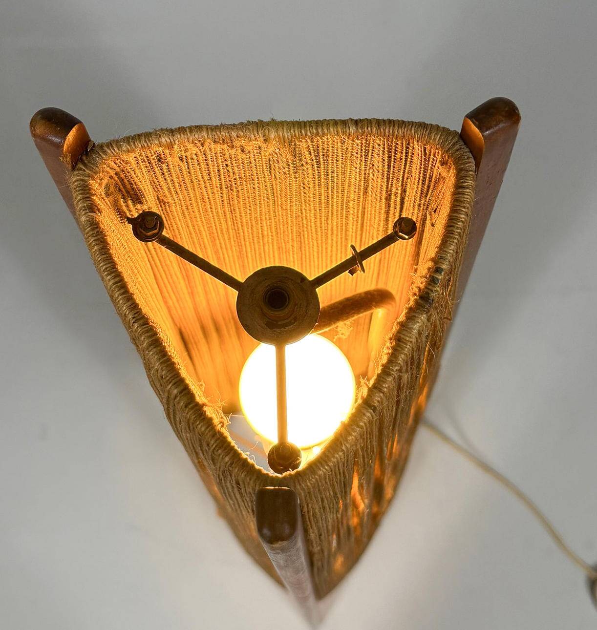 Mid-century floor lamp, sisal/teak wood, Temde, Switzerland, 1960s.