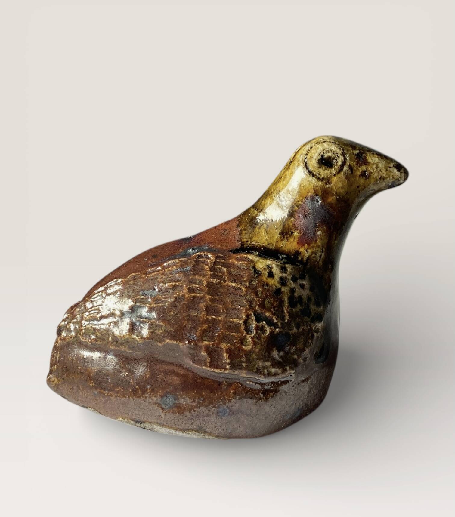 Ancient zoomorphic whistle of a partridge bird in glazed stoneware from La Borne.
