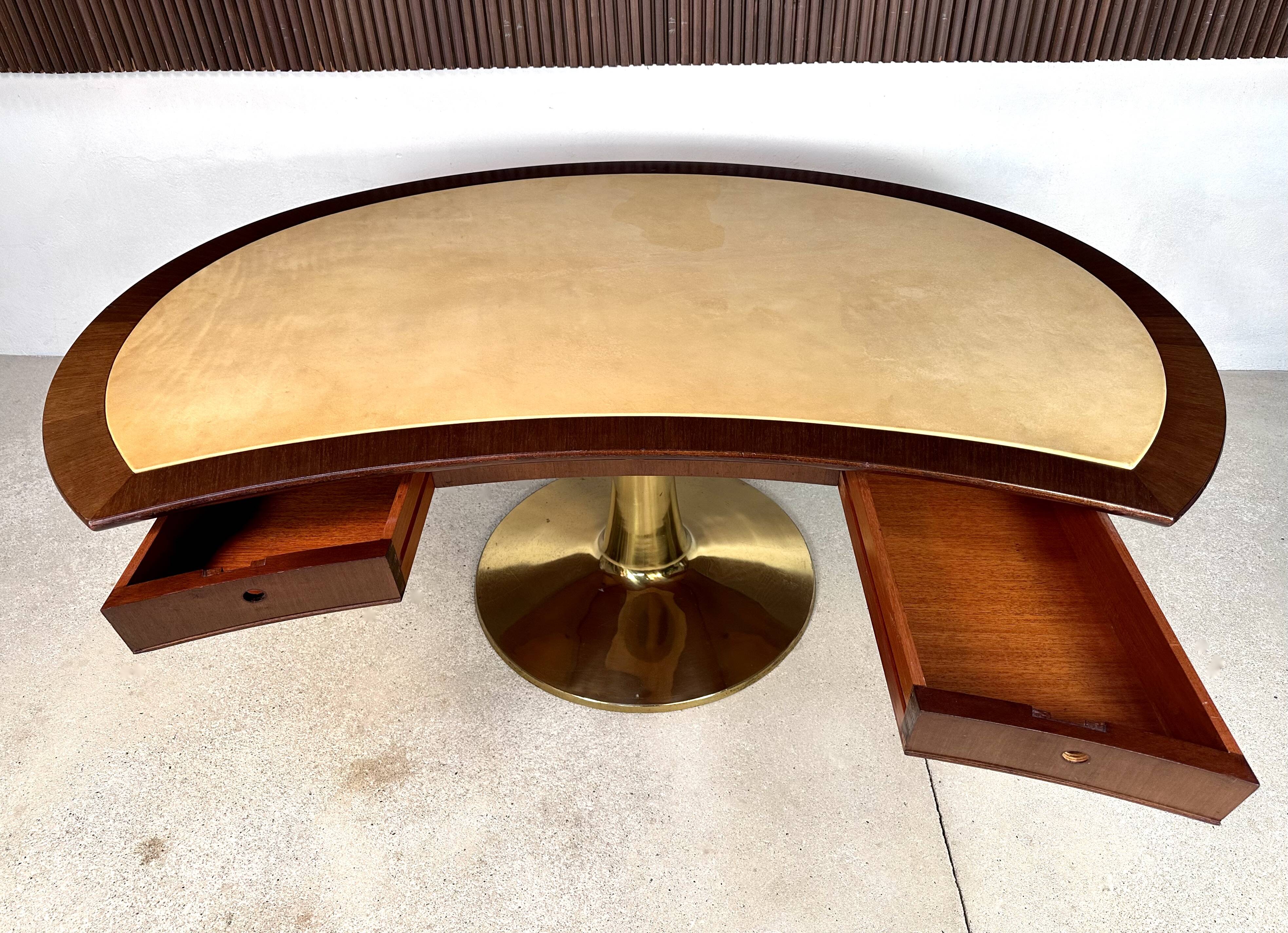 Large Italian Single Column Crescent-Shaped Desk in Goat Skin & Brass 1950s