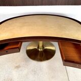 Large Italian Single Column Crescent-Shaped Desk in Goat Skin & Brass 1950s