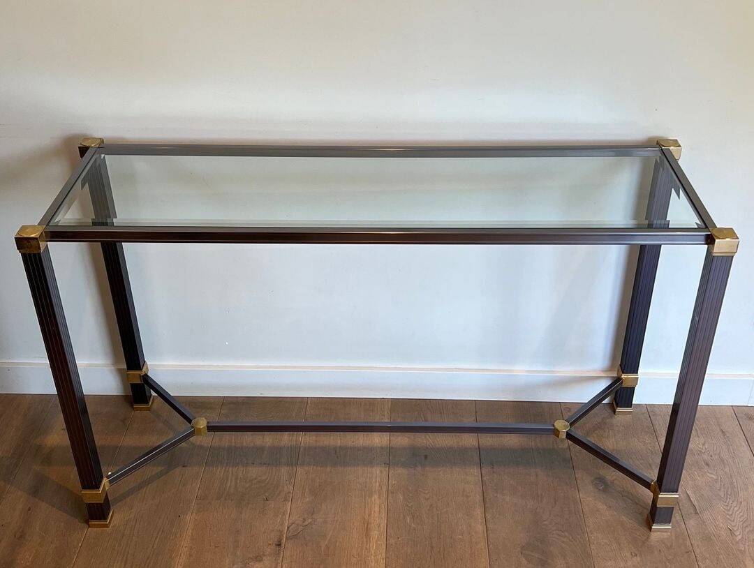 Glass Top Console in Lacquered Aluminium and Gold Metal, Pierre Vandel,